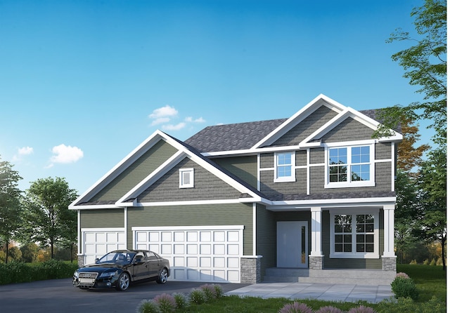 craftsman house featuring stone siding and asphalt driveway