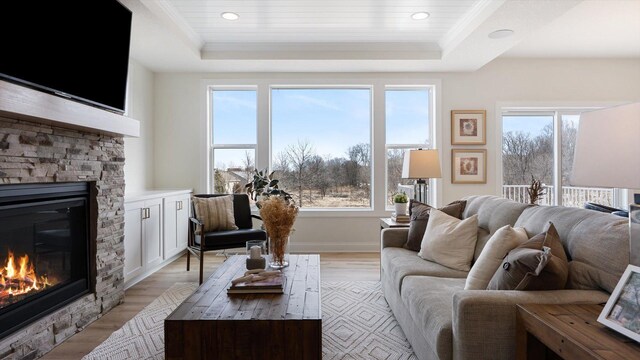 2009 Lusitano St, Shakopee, MN 55379 - living area featuring a tray ceiling, a stone fireplace, light wood-type flooring, recessed lighting, and ornamental molding