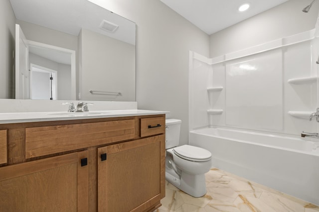6750 Wildflower Way, Minnetrista, MN 55331 - bathroom featuring marble finish floors, toilet, vanity, and washtub / shower combination