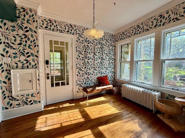entryway featuring radiator, wallpapered walls, crown molding, and hardwood / wood-style flooring