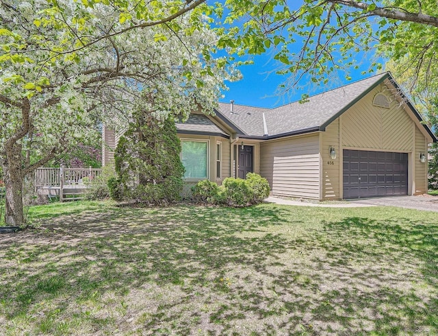 456 Ridge Ct, Chaska, MN 55318 - ranch-style home with an attached garage, a front yard, driveway, and roof with shingles