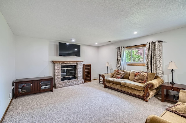 456 Ridge Ct, Chaska, MN 55318 - carpeted living room with a textured ceiling, a fireplace, and recessed lighting