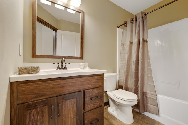 full bathroom with toilet, shower / bath combo, tile patterned flooring, and vanity