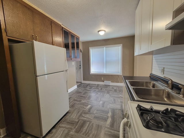 kitchen featuring a sink, freestanding refrigerator, ventilation hood, a textured ceiling, and range with gas stovetop