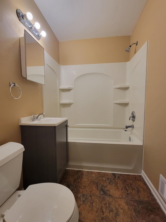 full bathroom with toilet, baseboards, visible vents, vanity, and shower / washtub combination