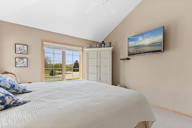 bedroom with lofted ceiling, carpet flooring, baseboards, and a ceiling fan