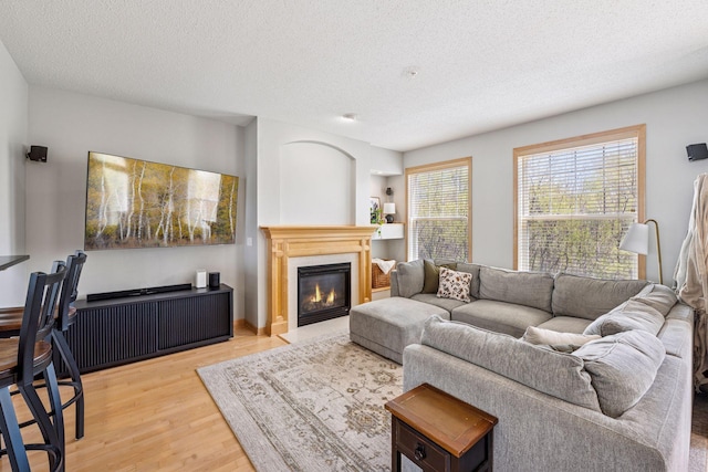 living room with radiator, a textured ceiling, wood finished floors, and a glass covered fireplace