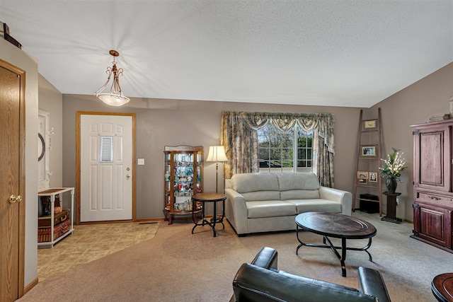 living room with light carpet and baseboards