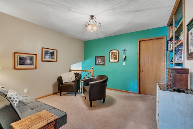 carpeted living room featuring baseboards