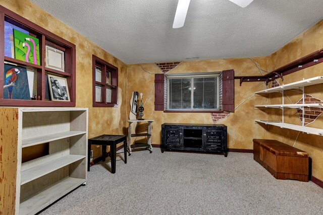 living area featuring carpet flooring, a textured ceiling, and baseboards