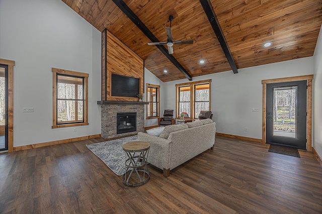 living area with baseboards, a fireplace, dark wood-type flooring, wooden ceiling, and plenty of natural light
