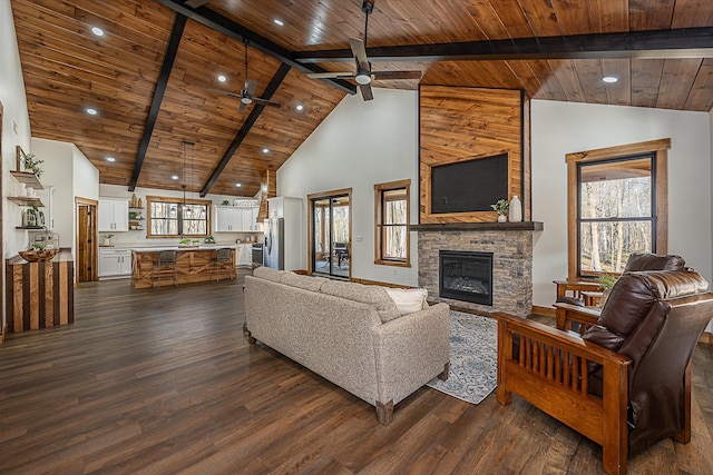 living room featuring wood ceiling, dark wood-style flooring, plenty of natural light, ceiling fan, and high vaulted ceiling