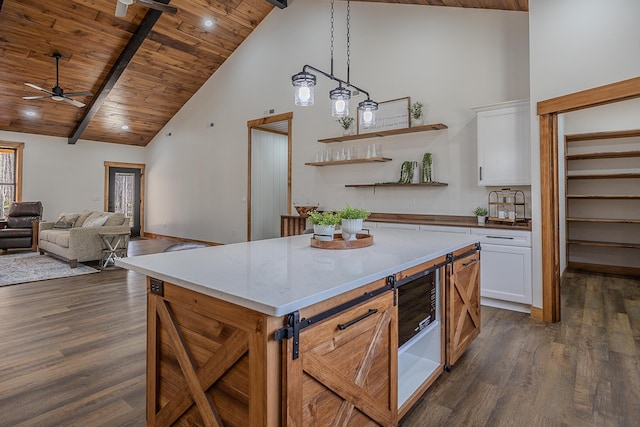 kitchen with high vaulted ceiling, wood ceiling, white cabinetry, dark wood-style flooring, and a ceiling fan
