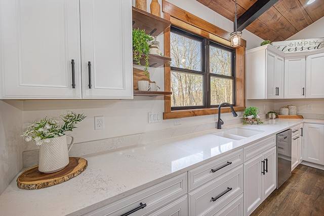 kitchen with a sink, open shelves, stainless steel dishwasher, white cabinetry, and wood ceiling