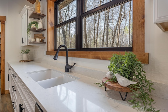kitchen with open shelves, a sink, white cabinetry, and plenty of natural light