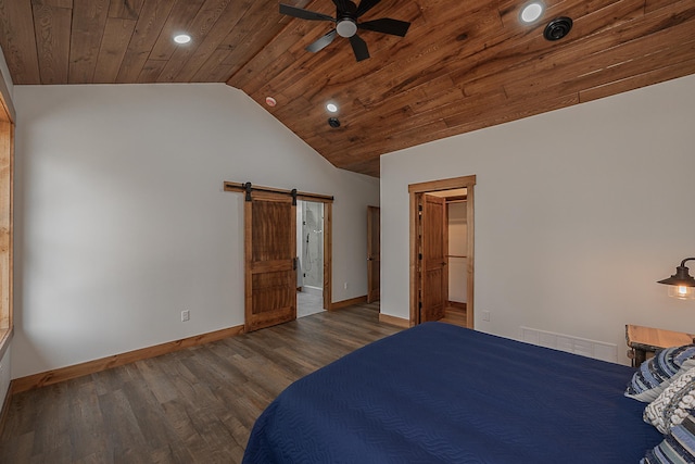 bedroom with lofted ceiling, a barn door, wooden ceiling, recessed lighting, and baseboards