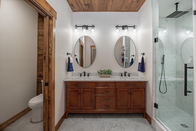 full bath with baseboards, a marble finish shower, wooden ceiling, toilet, and double vanity
