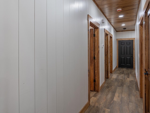 hallway featuring dark wood finished floors, wood walls, baseboards, and recessed lighting