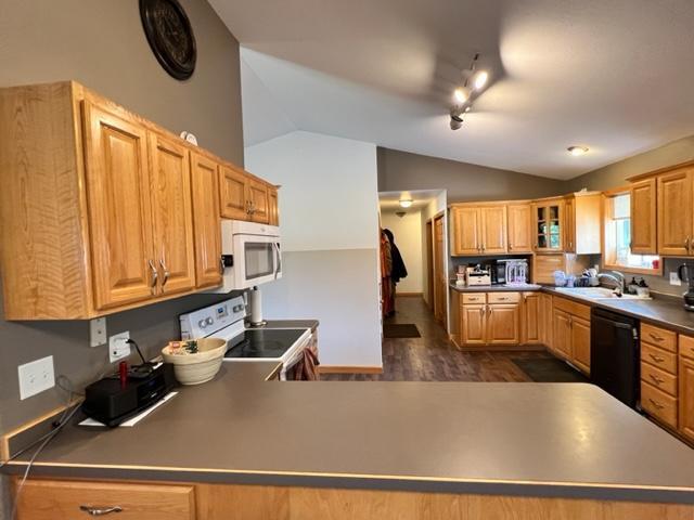 kitchen featuring lofted ceiling, dark wood-style flooring, white appliances, a sink, and track lighting