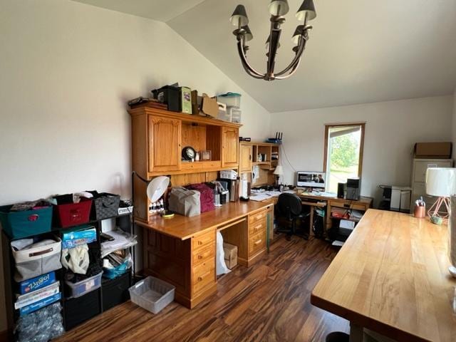 office with vaulted ceiling, dark wood-type flooring, and a notable chandelier
