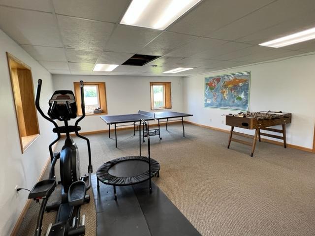 rec room featuring baseboards, carpet flooring, and a paneled ceiling