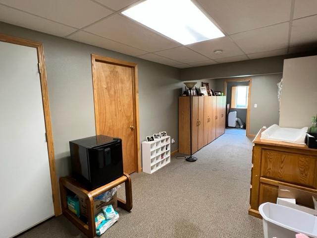 bedroom featuring a paneled ceiling and carpet
