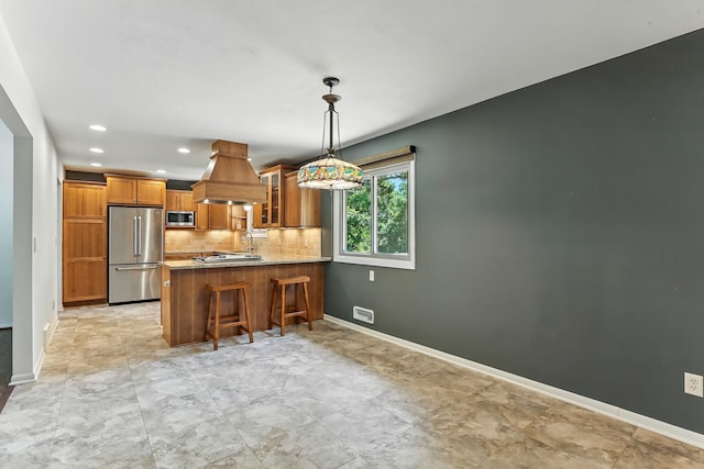 5820 139th St W, Apple Valley, MN 55124 - kitchen with stainless steel appliances, brown cabinetry, a peninsula, glass insert cabinets, and tasteful backsplash