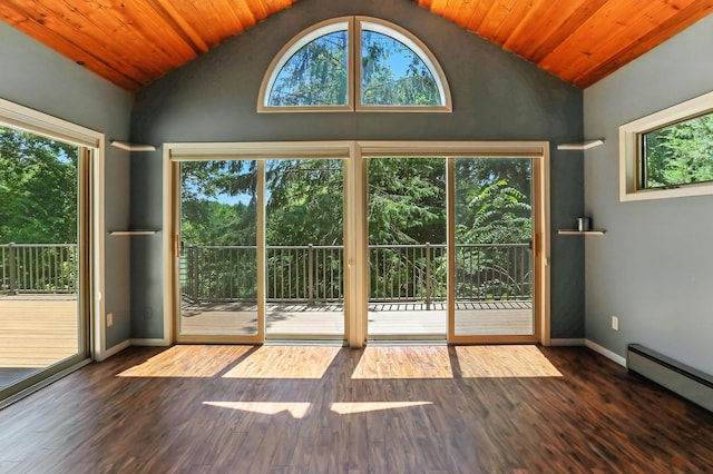 5820 139th St W, Apple Valley, MN 55124 - doorway with baseboard heating, wooden ceiling, wood finished floors, and high vaulted ceiling
