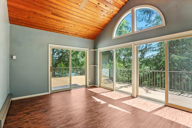 5820 139th St W, Apple Valley, MN 55124 - spare room featuring a baseboard radiator, wood finished floors, high vaulted ceiling, and wood ceiling