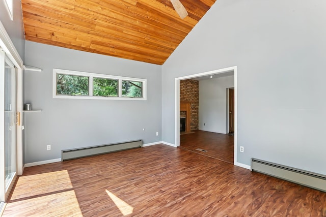 5820 139th St W, Apple Valley, MN 55124 - spare room with baseboard heating, wood finished floors, high vaulted ceiling, wooden ceiling, and a brick fireplace