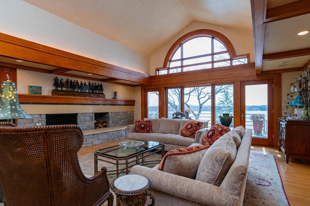 9002 Riley Lake Rd, Eden Prairie, MN 55347 - living room featuring wood finished floors, a stone fireplace, and vaulted ceiling