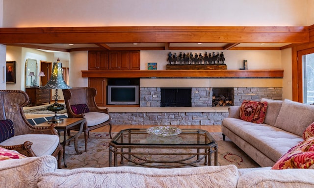 9002 Riley Lake Rd, Eden Prairie, MN 55347 - living room with wood finished floors, beamed ceiling, and a fireplace