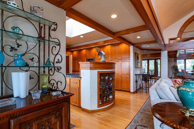 9002 Riley Lake Rd, Eden Prairie, MN 55347 - living area with light wood-style floors, beamed ceiling, coffered ceiling, recessed lighting, and baseboards