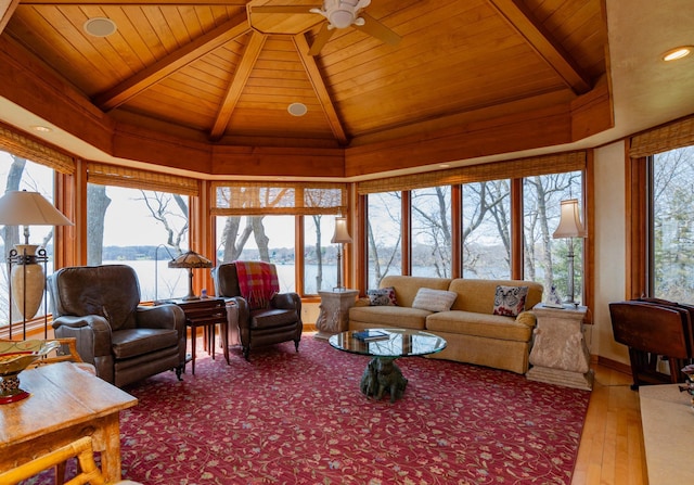 9002 Riley Lake Rd, Eden Prairie, MN 55347 - living area featuring wood ceiling, ceiling fan, hardwood / wood-style flooring, a water view, and recessed lighting