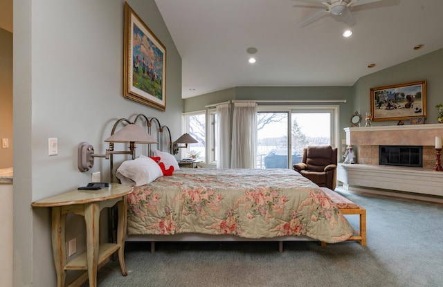 9002 Riley Lake Rd, Eden Prairie, MN 55347 - carpeted bedroom with access to exterior, recessed lighting, and a tile fireplace