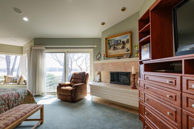 9002 Riley Lake Rd, Eden Prairie, MN 55347 - bedroom featuring access to outside, carpet flooring, a tiled fireplace, and recessed lighting