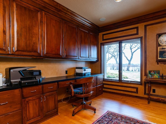 9002 Riley Lake Rd, Eden Prairie, MN 55347 - office space with light wood-style floors, built in desk, and a textured ceiling
