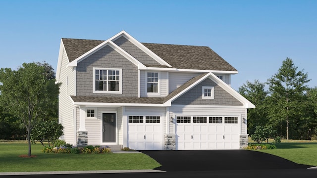 craftsman inspired home with driveway, a front lawn, roof with shingles, and a garage