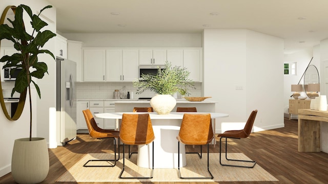 kitchen featuring stainless steel fridge with ice dispenser, backsplash, white cabinetry, dark wood-style flooring, and light countertops