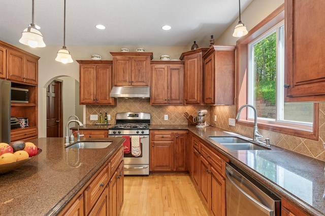 12800 Garrett Ct, Apple Valley, MN 55124 - kitchen with stainless steel appliances, under cabinet range hood, a sink, arched walkways, and recessed lighting