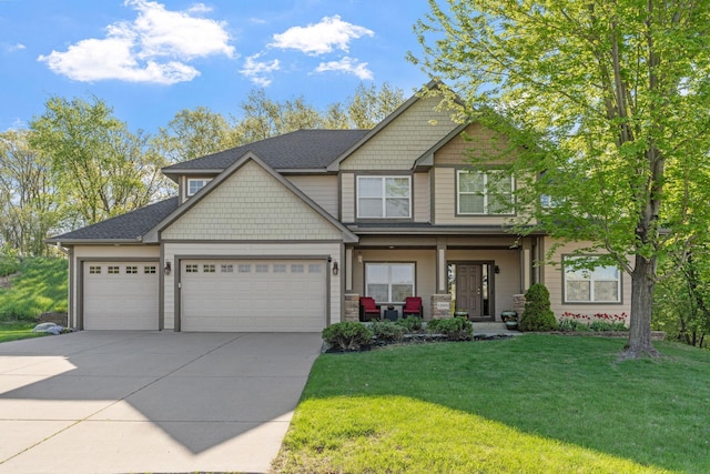 12800 Garrett Ct, Apple Valley, MN 55124 - craftsman house featuring concrete driveway, a garage, a front lawn, and a porch