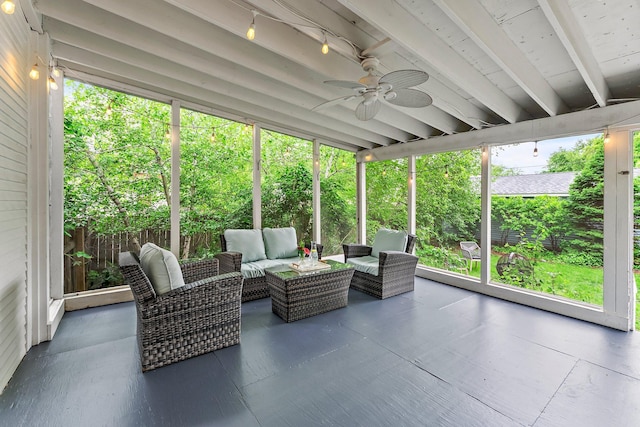 3100 29th Ave S, Minneapolis, MN 55406 - sunroom / solarium featuring a ceiling fan, an outdoor hangout area, and beam ceiling