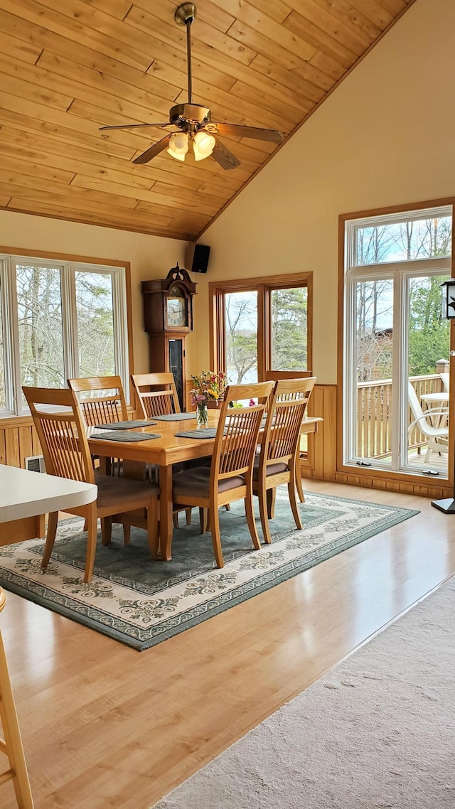 499 Tamarack Ct NE, Tenstrike, MN 56683 - dining space with healthy amount of natural light, wooden ceiling, a ceiling fan, a wainscoted wall, and wood finished floors