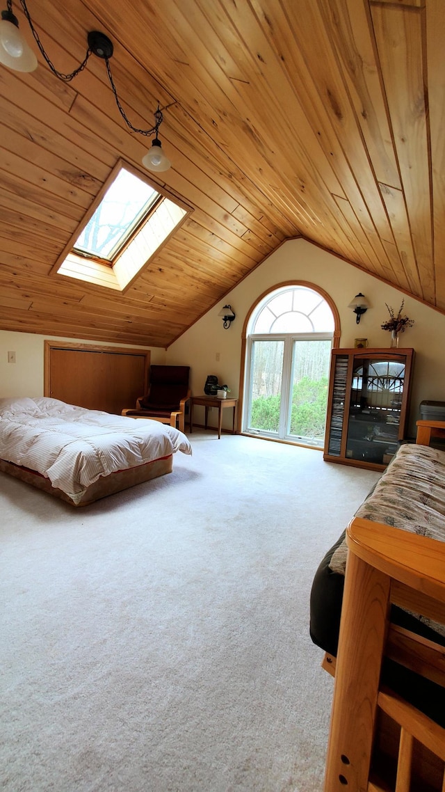 499 Tamarack Ct NE, Tenstrike, MN 56683 - bedroom featuring wood ceiling, vaulted ceiling, carpet flooring, and a skylight