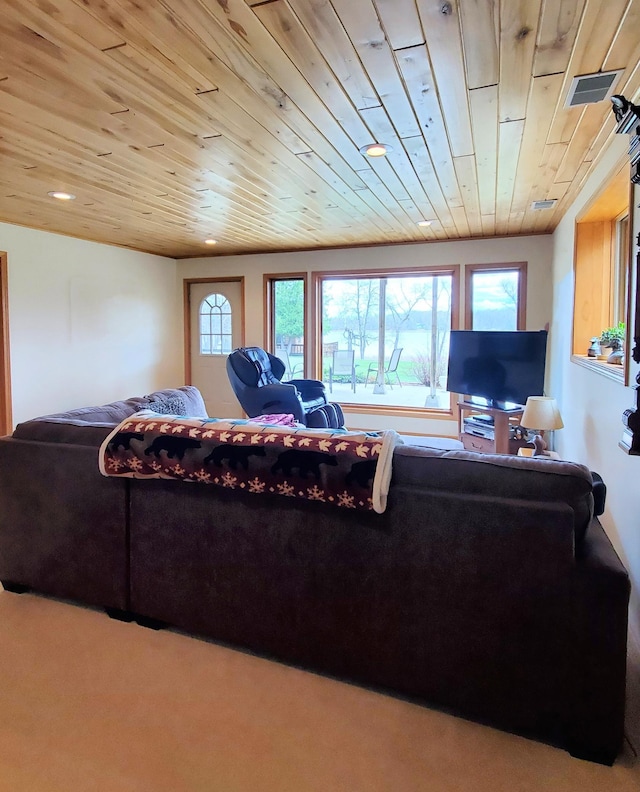 499 Tamarack Ct NE, Tenstrike, MN 56683 - carpeted living room featuring healthy amount of natural light, wooden ceiling, and recessed lighting