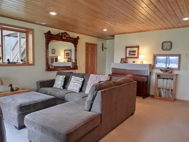 499 Tamarack Ct NE, Tenstrike, MN 56683 - living area featuring wooden ceiling, light colored carpet, and recessed lighting