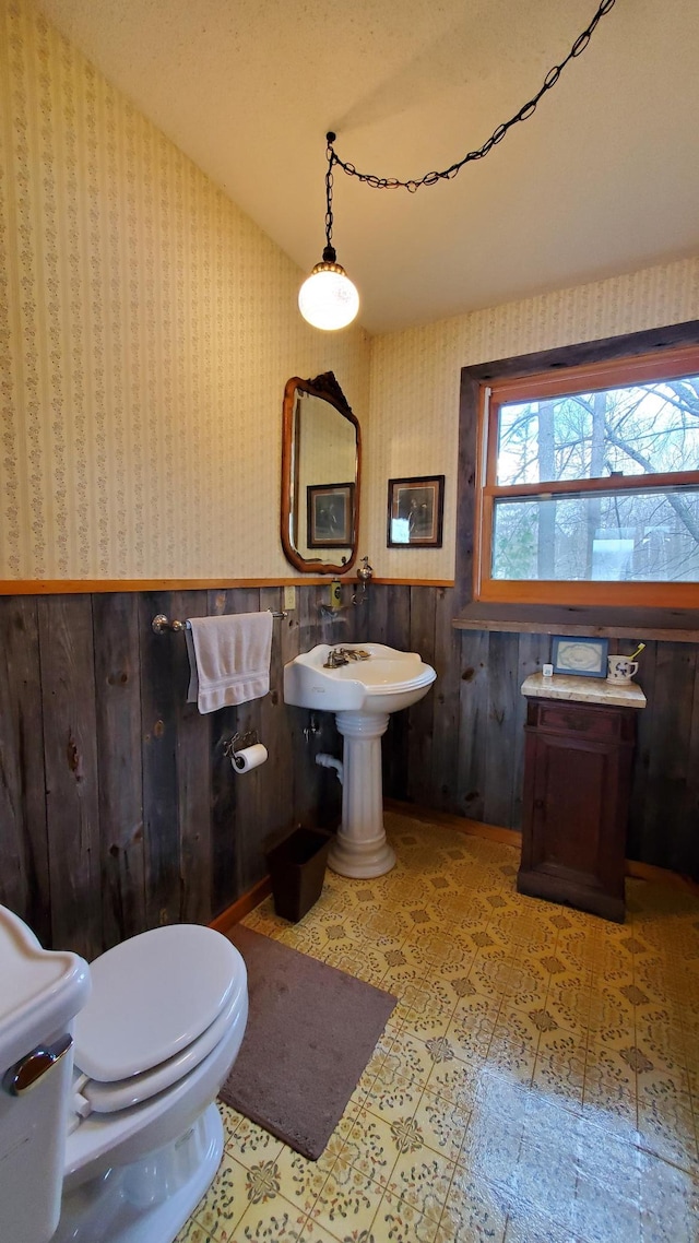 499 Tamarack Ct NE, Tenstrike, MN 56683 - half bath with wallpapered walls, a wainscoted wall, toilet, tile patterned floors, and wooden walls