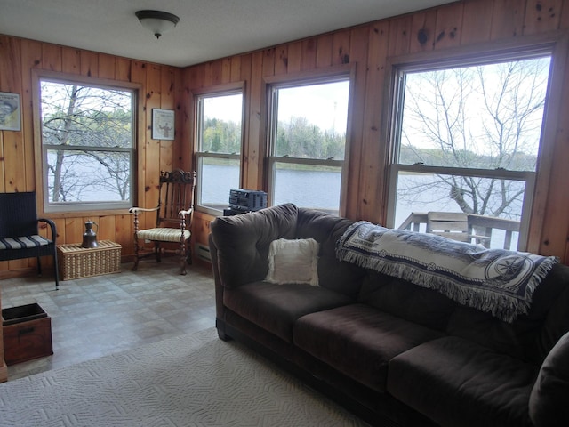 499 Tamarack Ct NE, Tenstrike, MN 56683 - living room featuring wood walls, a water view, and light floors