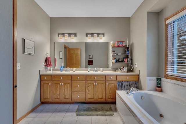 1609 26th St SE, Saint Cloud, MN 56304 - bathroom featuring double vanity, a whirlpool tub, plenty of natural light, and tile patterned flooring