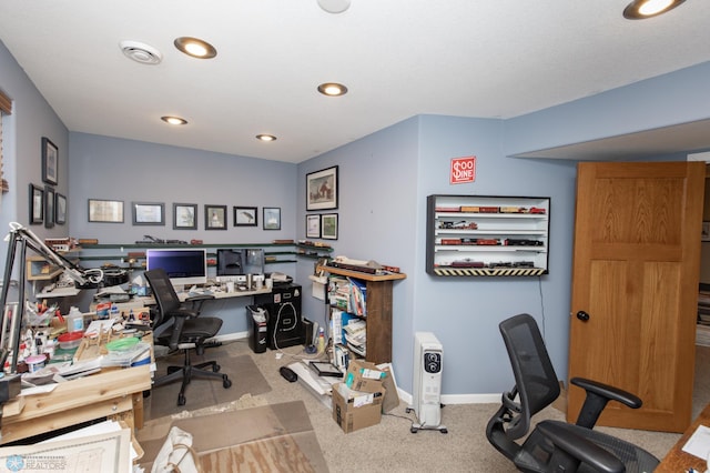 carpeted home office with recessed lighting and baseboards